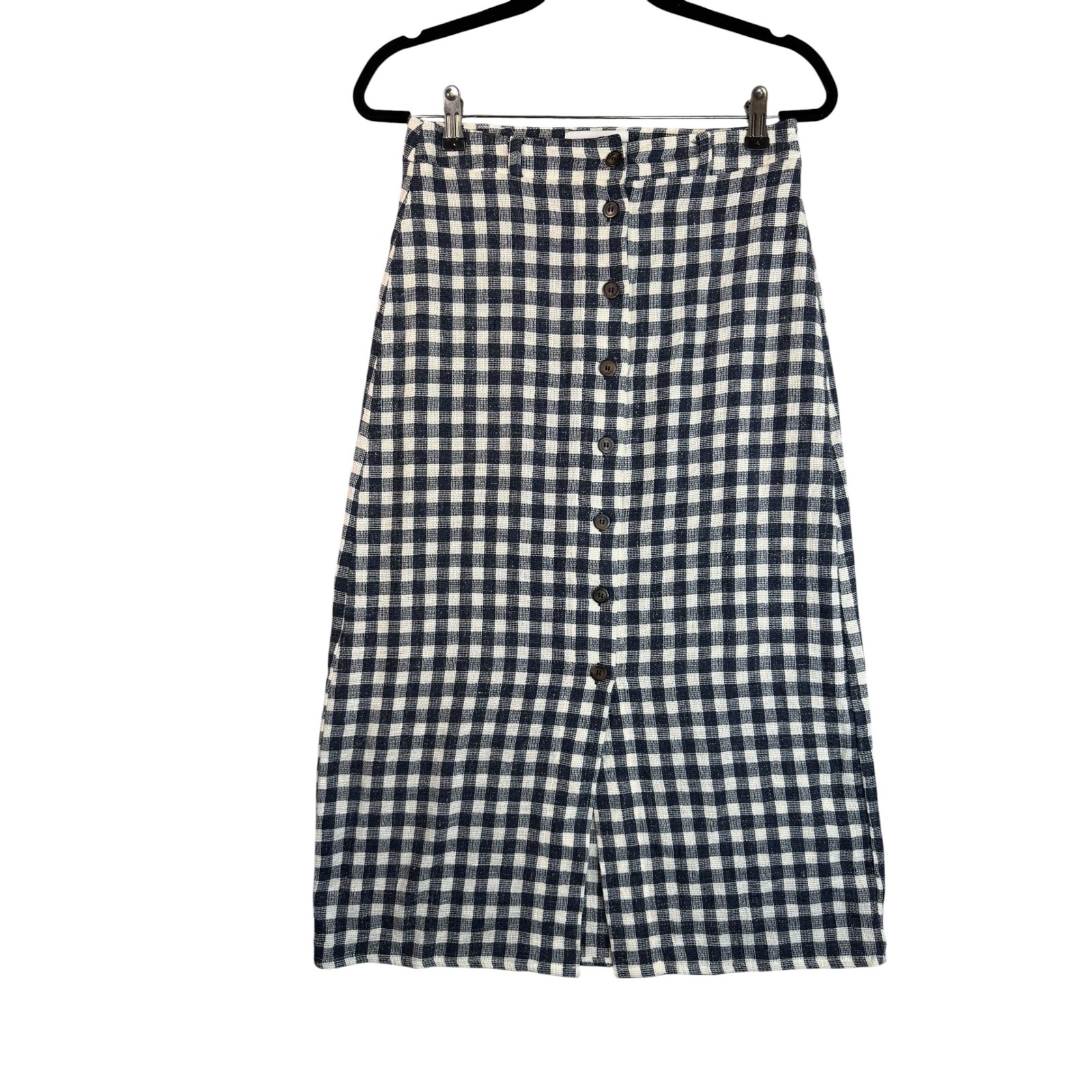 Rita Row Navy Gingham Button Front Midi Skirt High Waisted Checkered Size M